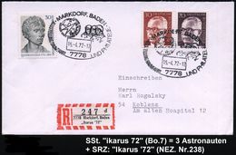 7778 MARKDORF,BADEN/ Ikarus/ '72/ APOLLO/ 16/ AUSST.RAUMFAHRT U.PHILATELIE 1972 (15.4.) SSt = 3 US-Astronauten "Apollo 1 - Estados Unidos