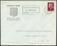 FRANKREICH 1969 (13.10.) MWSt.: 35 RENNES GARE/FESTIVAL INT./DE VARIETES.. Klar Auf Inl.-SU: Université De Rennes - ZIRK - Circus