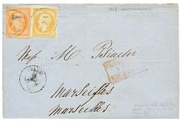 1857 10c(n°13) + 40c(n°16) Obl. Cachet Du Paquebot CARMEL Sur Lettre De CONSTANTINOPLE Pour MARTSEILLE. Annulation RARE  - Posta Marittima