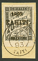 TAHITI : 20c TAXE (n°21) Bord De Feuille Obl. Sur Fragment. Cote 650€. Signé SCHELLER. Superbe. - Sonstige & Ohne Zuordnung