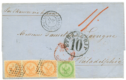 "PAID AT GUADALOUPE : 1865 AIGLE 5c + 40c Bande De 3 + PAID AT GUADELOUPE + STEAMSHIP + Taxe "1/." Sur Lettre Pour PHILA - Otros & Sin Clasificación