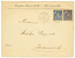 1893 Emission Surchargé 10c + 15c(pd) Obl. GUYANE ST LAURENT DU MARONI Sur Env. Pour PARAMARIBO. RARE. TTB. - Autres & Non Classés