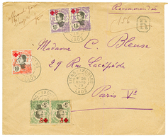 LAOS - RED-CROSS : 1919 INDOCHINE CROIX-ROUGE 5c(x2) + 10c+ 15c(x2) Obl. XIENG-KHOUANG LAOS Sur Enveloppe RECOMMANDE Pou - Autres & Non Classés