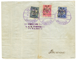ALBANIA : 1913 20p(n°5) + 1P(n°7) + 2P (n°9) Canc. VLONE On Envelope To BOSNIA. RARE Stamps On Cover (YVERT = 610€ For S - Albanien