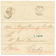 VALPARAISO UNPAID : 1873 "1 PESETAS" Tax Marking + VALPARAISO UNPAID On Entire Letter Via MAGELLAN & LISBOA To CADIZ (SP - Autres & Non Classés