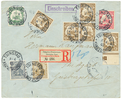 KIAUTSCHOU : 1903 MIXT GERMANY 2pf + 3pf + KIAUTSCHOU 3pf(x5) + 5pf + 10pf Canc. TSINGTAU On REGISTERED Envelope To STUT - Kiautschou