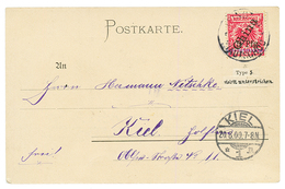 KIAUTSCHOU : 1900 5Pfg On 10pf (n°1) "Mit Violettem Strich" Canc. TSINGTAU On Card To KIEL. Vf. - Kiauchau