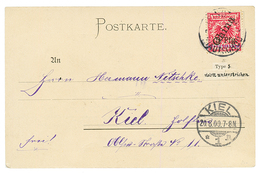 KIAUTSCHOU : 1900 5Pfg On 10pf (n°1) "Mit Violettem Strich" Canc. TSINGTAU On Card To KIEL. Vf. - Kiaochow