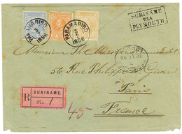 SURINAME : 1896 10c + 25c + 50c Canc. PARAMARIBO + SURINE VIA PLYMOUTH On REGISTERED Cover To FRANCE. Vvf. - Suriname ... - 1975