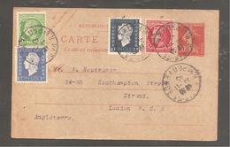 CARTE POSTALE ENTIER 10C SEMEUSE + Complement DULAC MERCURE  OBLIT PARIS 1945 Pour Londres  Angleterre - Autres & Non Classés