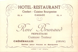 23 - CHENERAILLES - HÔTEL RESTAURANT "René BRUNAUD" - CARTE COMMERCIALE ANCIENNE (8 X 12 Cm) - Chenerailles