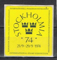 Viñeta, Label , Vignette SUECIA, Sverige 1974. Exposicion STOCKHOLMIA ** - Plaatfouten En Curiosa