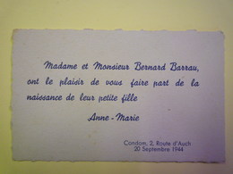 2019 - 1494  CONDOM  (Gers)  :  FAIRE-PART De Naissance De Anne-Marie  BARRAU  20 SEPT 1944   - Geboorte & Doop