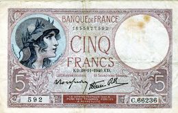 BILLET DE 5 FRANCS Violet Type 1917 Le 28-11-1940 En TTB - - 5 F 1917-1940 ''Violet''