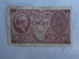 5 CINQUE LIRE VECCHIA BANCONOTA D. M. 3/11/1944 BIGLIETTO DI STATO - LEGGI - Italia – 5 Lire