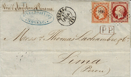 1857- Lettre De COGNAC ( Charente ) Cad T15 Affr. N°16 Et 17 A  Oblit. P C 898  + P.P. Noir Pour LIMA ( Pérou ) - 1849-1876: Classic Period