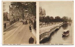 Old Photochrom Colour Postcard, Bedford, Double View Card, Town Bridge, The Embankment, Old Cars, Boat, People. - Bedford