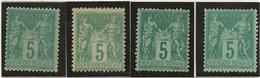 TYPE SAGE N° 75 TYPE II (N Sous U ) NEUF CHARNIERE - 4 Exemplaires Nuances Diverses -1876 -COTE : 180 € - 1876-1878 Sage (Tipo I)