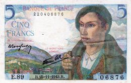 Billet De 5 Francs Berger Le 25-11-1943 En S P L - - 5 F 1943-1947 ''Berger''