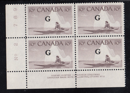 Canada MNH Scott #O39 'G' Overprint On 10c Inuk, Kayak Plate #2 Lower Left PB - Surchargés