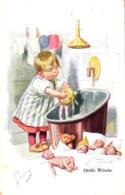 Mädchen Badet Teddybär Und Puppen, "Große Wäsche", Sign. Feiertag, Um 1910 - Feiertag, Karl