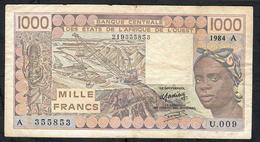 W.A.S. IVORY COAST P107Ad 1000 FRANCS 1984  #U.009 Signature 19 FINE NO P.h. - Ivoorkust