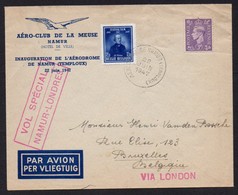 Vol Spécial Namur - Londres - Cachet Aerodrome De Temploux - Inauguration Aérodrome 22 Juin 1947  Par Avion - Cartas & Documentos
