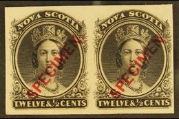 1860 12½c Black PLATE PROOF On Card, Diagonally Overprinted "SPECIMEN" In Red, Unitrade 13Pii, Superb Horizontal Pair Wi - Other & Unclassified