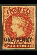 1863 One Penny On 6d Lake (type A) Imperforate, SG 3, Four Clear Margins, Very Fine Mint With Large Part OG. For More Im - Sint-Helena