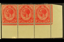 1913-24 1d Rose-red, Plate 1 Corner Strip Of Three With Unbroken Jubilee Line, Reversed Perfs, SG 3, Fine Mint, Scarce P - Unclassified