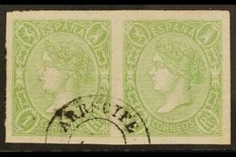 1865 2r Yellow- Green Imperf, SG 84 (Edifil 72) PAIR USED AT THE CANARY IS. With A Single Choice "Arrecife" Cds. A Beaut - Altri & Non Classificati