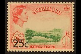 1961 25c On 2s6d Surcharge TYPE II (BOTTOM LEFT), SG 74b, Superb Mint, Very Fresh. For More Images, Please Visit Http:// - Swaziland (...-1967)