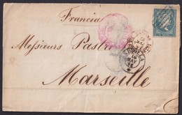 1856. SEVILLA A MARSELLA. 1 REAL AZUL VERDOSO FILIGRANA LÍNEAS CRUZADAS ED. 45 MAT. PARRILLA AZUL. CURIOSA. MONTAJE. - Storia Postale