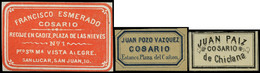 3 Etiquetas 1855. Cosarios. Conjunto De 3 Etiquetas Distintas Empresas (Fco. Esmerado, Juan Paiz, Juan Pozo) - Gebraucht