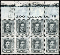 Ed. ** 315BP - 1922. 15 Cts. Gris Azulado. Bl. De 8. Cabecera De Pliego. Variedad Filigrana Billete De Banco - Ungebraucht