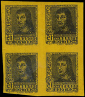 Galvez 3515 - 1938.Prueba Del 15 Cts. Negro.Bl. De 4 Impreso En Negativo Sobre Cartulina Amarilla Preciosa Y Escasa. - Unused Stamps