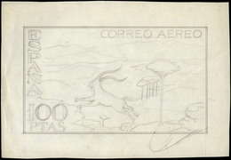 Año 1960 - Boceto Original De Proyecto No Adoptado Sello Correo Aereo 100 Ptas.Firma Sánchez Toda - Brieven En Documenten