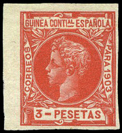 Ed. * 23 S/D - 1903. Alfonso XIII. 3 Ptas. Bermellón. Variedad S/D. Esquina De Pliego. Preciosa Y Muy Rara Variedad - Spanish Guinea