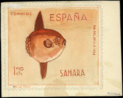 1966. Proyecto No Adoptado Realizado Por El Grabador “D. Ernesto Cerra” “Sahara - Día Del Sello 1966. 1+10 Ptas.” - Sahara Espagnol