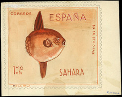 1966. Proyecto No Adoptado Realizado Por El Grabador “D. Ernesto Cerra” “Sahara - Día Del Sello 1966. 1+10 Ptas.” - Spaanse Sahara