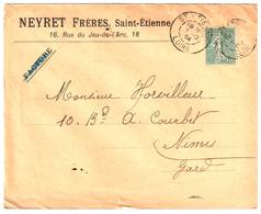 St ETIENNE Loire Lettre Entête NEYRET Frères 15 C Semeuse Lignée Yv 130 Ob 1904 - Covers & Documents