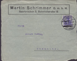 Saargebiet MARTIN SCHRIMMER GmbH. Bahnhofstrasse 13, SAARBRÜCKEN (St. Johann) 1926 Cover Brief (Front ONLY !!) CHEMNITZ - Cartas & Documentos