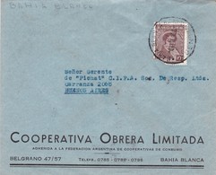 COOPERATIVA OBRERA LDA - COMMERCIAL ENVELOPE CIRCULEE 1949 BAHIA BLANCA A BUENOS AIRES BANDELETA PARLANTE - BLEUP - Lettres & Documents