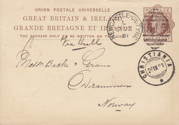 Great Britain Postal Stationery Ganzsache PRIVATE Print J. H. HANCOCK, NEWCASTLE-ON-TYNE 1881 Drammen CHRISTIANIA (Arr.) - Storia Postale