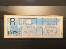 FRANCIA FRANCE AUTOMATICI VIGNETTE DISTRIBUTEURS LETTRE CARTA CARRIE 1986 RACCOMANDATA ANNULLO PARIS 18 - 1985 « Carrier » Papier