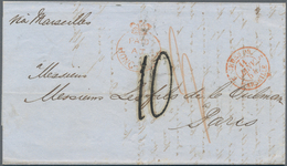 China: 1854, "PAID AT HONGKONG" Red Crown Circle Cancel, Black Tax "10" And Red Double Circle Handst - Other & Unclassified