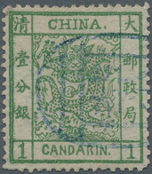 China: 1878, Large Dragon Thin Paper 1 Ca. Green, Canc. Blue Seal "Pe(king), Michel Cat. 420.-. - Andere & Zonder Classificatie