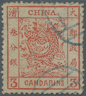 China: 1878, Large Dragon Thin Paper 3 Ca. Dark Red, Used Blue Seal (Michel Cat. 280.-). - Other & Unclassified