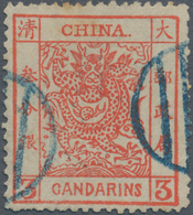 China: 1878, Large Dragon Thin Paper 3 Ca. Vermilion, Canc. Blue Seal (Michel Cat. 280.-) - Altri & Non Classificati