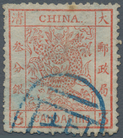 China: 1883, Large Dragon Thick Paper 3 Ca. Red, Canc. Part Strike Blue Seal Of "Pe(king)", Variety - Other & Unclassified